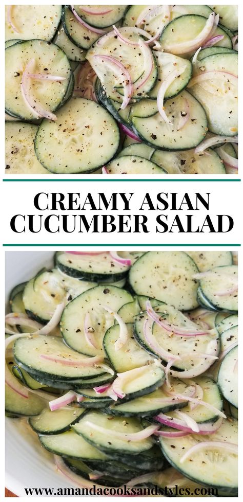 Creamy Asian Cucumber Salad – Thinly sliced cucumber and red onion tossed in a delicious creamy peanut dressing. This is one of my all time favorite salads! This is by far my favorite salad to serve when I am preparing an Asian style dinner! We love serving this salad with Chinese chicken, fried rice, teriyaki chicken, and so much more. Chicken Cucumber Salad, Cold Sides, Asian Salads, Easy Cucumber Salad, Sliced Cucumber, Asian Cucumber Salad, Creamy Cucumber Salad, Sweet Sour Chicken, Creamy Cucumbers