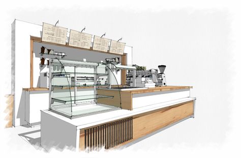 Coffee bar sketchup. Like the style of this 3d Bar Design, Coffee Shop Design Drawing, Coffee Bar Drawing, Commercial Coffee Bar Design, Cafe Concept Ideas, Bar Coffee Design, Coffee Bar Interior Design, Coffee Shop Counter, Hand Rendering