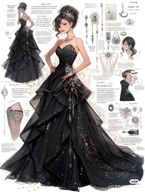 Fantasy Black Dress Art, Fantasy Dress Drawing Black, Anime Prom Dress Drawing, Royalty Dress Drawing, Black Ethereal Dress, Black Dress Sketch, Fantasy Dress Black, Black Dress Drawing, Black Fantasy Dress