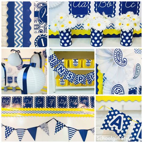 Oxford Blue Yellow Classroom Decor, Yellow Classroom, Classroom Color Scheme, Minion Classroom, Nautical Classroom, Class Theme, Classroom Decor Themes, Middle School Classroom, Oxford Blue