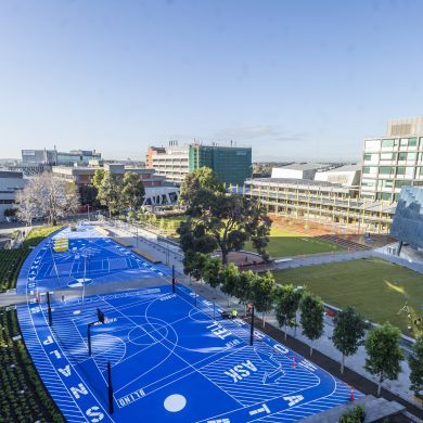 Caulfield Campus Green: Project: Caulfield Campus Green, Monash University Architects: TCL (Taylor Cullity Lethlean) Location: Victoria, Australia Year: 2015Caulfield Campus Green was once a disjointed vehicular and disused space on Monash University's campus. With the vision of TCL, it has become the pedestrian heart of the campus with its signature blue paving by Agatha Gothe Snape. It functions as a multi-purpose space with various sports and activity zones, delineated through the marking... Play Grounds, Campus Landscape, Campus Activities, Creative Office Space, Monash University, Sports Center, The Color Blue, Creative Office, Running Track