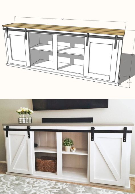 Coffee Bar Dining Room, Diy Tv Console, Console Bedroom, Barn Door Tv Console, Bedroom Console, Tv Stand Plans, Barn Door Cabinet, Barn Door Console, Diy Tv Stand