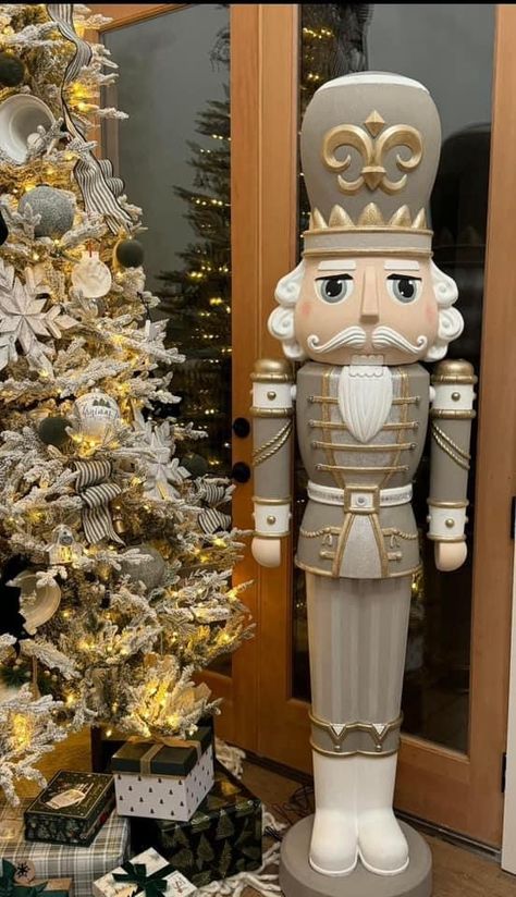 Silver And Gold Nutcracker, Neutral Color Nutcracker, Neutral Painted Nutcracker, Walmart Nutcracker Painting Ideas, Big Nutcrackers, Painting Nutcracker Ideas, Neutral Nutcracker, Walmart Nutcracker Makeover, Nutcracker Colors