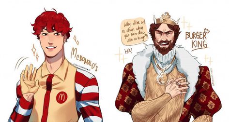 Ever wondered how fast food brands would look like if they were human? A Philippines-based illustrator who goes by alias Ozumii Wizard brings KFC McDonalds Wendys Jolibee and Burger King to life in her Japanese manga-style digital art. More info: Facebook DeviantArt (h/t: designtaxi) #digitalart #digital #art #styles Mcdonalds X Burger King Fanart, Wendy's Mascot, King Illustration, Fast Food Places, Human Icon, Food Memes, As Humans, Japanese Manga, Anime Version