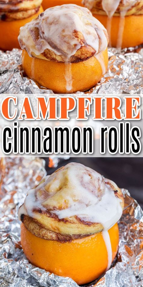 Campfire Orange Cinnamon Rolls, Campfire Orange Cake, Bbq Cinnamon Rolls, Bougie Camping Food, Easy Camping Desserts Simple, Campfire Cinnamon Rolls On A Stick, Fall Camping Desserts, Halloween Camping Food, Camping Cinnamon Rolls