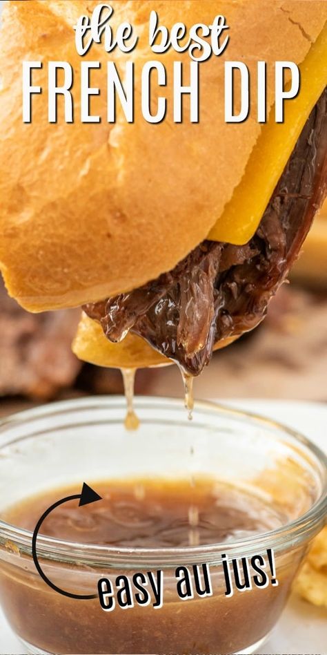 Fork tender beef with a buttery Au Jus. This Slow Cooker French Dip recipe will amaze you with how easy it is! Aujus Sauce Recipe French Dip Crockpot, Homemade French Dip Sandwiches, French Dip Sauce, Beef Dip Sandwiches, Beef Dip Recipe, French Dip Recipe, Crockpot French Dip, French Dip Sandwich Crockpot, French Dips