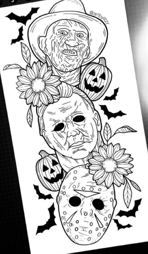 Spooky Flash Art, Tattoo Sketch Ideas, Halloween Horror Tattoo, Horror Movie Tattoo Designs, 90s Aesthetic Drawing Ideas, Horror Movie Tattoos Stencil, Horror Art Style, Ghostface Tattoo Stencil, Halloween Tattoo Stencil