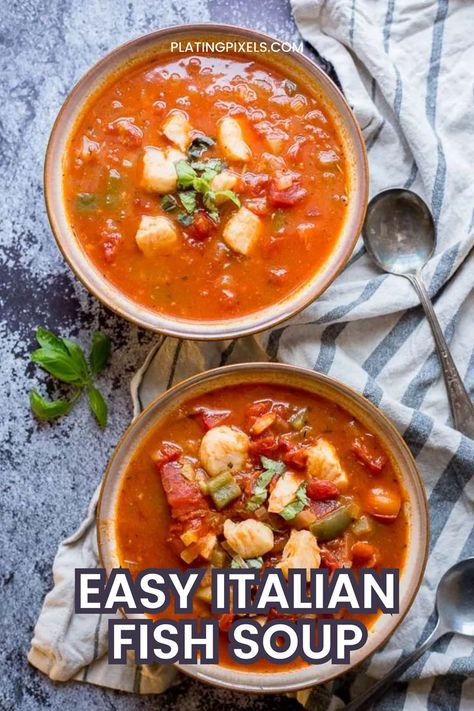 This quick and easy Italian Fish Soup is comforting any time of year and ready in just 30 minutes. Featuring a healthy seafood soup with common, accessible ingredients like canned tomato, onion, and bell pepper. It's rich, cozy, and a meal the whole family will enjoy. Made in one pot and loaded with clean-eating ingredients, robust flavor, and lean protein from fish. Customize it by adding other seafood like shrimp, or extra veggies. Check out the full recipe on our website! Mediterranean Fish Soup, Italian Fish Soup, Cod Fish Soup, Mexican Fish Soup, Easy Fish Soup, Fish Soup Recipes, Italian Fish Stew, Italian Seafood Stew, Easy Winter Soups