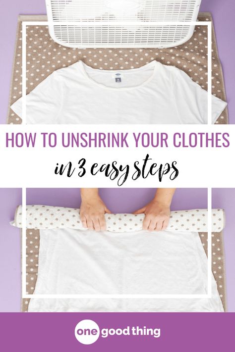 Accidentally shrank a favorite shirt in the wash or in the dryer? Never fear! Learn my simple 3-step method to unshrink clothes here. How To Unshrink Your Clothes, How To Unshrink Clothes, Clothes Washing Hacks, How To Shrink Clothes, Woman Hacks, Denim Dye, Clothing Tips, Laundry Tips, Body Stretch