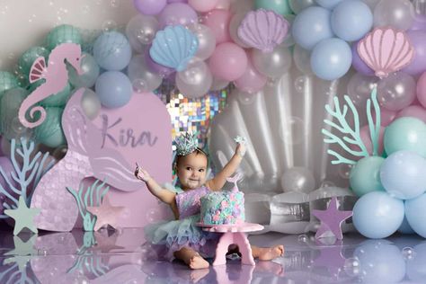 Tampa Cake Smash Photographer Mermaid Smash Cake, Mermaid Cake Smash, Mermaid Photoshoot, Cake Smash Theme, Mermaid Birthday Decorations, Ocean Birthday Party, Mermaid Birthday Party Decorations, Mermaid Theme Birthday Party