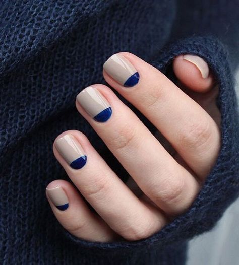 The Moon on your Nails No one could go wrong with a nude nail. But of course, it’s blunt and dull. Adding a hint of royal blue can make it look extremely classy even when it’s a simple design. Source… Continue Reading → Half Moon Manicure, Do It Yourself Nails, Color Block Nails, Half Moon Nails, Moon Manicure, Moon Nails, Easy Nails, Nail Swag, Fall Nail Art