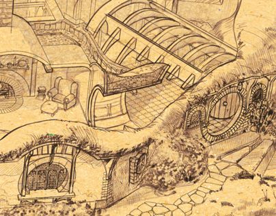 Bag End, the Hobbit house on Behance Underground Homes Plans, Hobbit House Plans, Casa Do Hobbit, The Hobbit House, Hobbit Style, Hobbit Homes, Hobbit Holes, Prancing Pony, Hobbit Houses