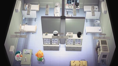 Animal Crossing Hospital Examination Room, Acnh Hospital Exam Room Ideas, Acnh Public Bathroom, Paradise Planning Hospital Acnh, Hospital Happy Home Paradise, Acnh Hospital Design, Acnh Hospital Exam Room, Acnh Hhp Hospital Design, Hhp Hospital