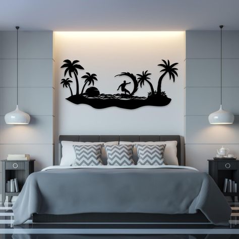 PRICES MAY VARY. Tropical Beach Metal Mural Decoration: Our tropical beach decoration applies the elements of palm, sunset, beach, surfers and so on, delicate and elegant, beautiful and full of retro feeling, can bring a comfortable and elegant atmosphere to your home, will leave a deeper impression on you and your guests Material: This tropical beach metal wall decor is made of high metal materials. We use laser processing technology to create hollow patterns to make the leaves more restorative Coastal Bedroom Wall Decor, Metal Mural, Metal Palm Tree, Palm Tree Wall, Living Room Black, Tropical Living, Wall Art Coastal, Coastal Wall Decor, Wall Decor Metal