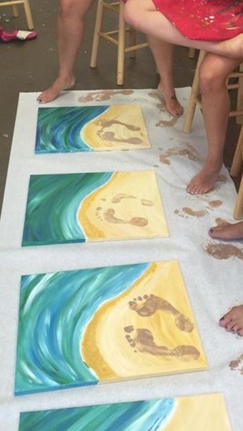 Painted footprints picture. Moana Party, Footprint Art, Art Camp, Kid Art, Beach Canvas, Paint Night, Camp Ideas, Beach Crafts, Camping Art