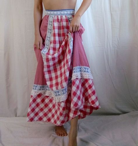 1960s vintage handmade red gingham picnic prairie skirt from ariessencebyariel.etsy.com Red Gingham Skirt, Prairie Aesthetic, Coral Maxi Skirts, Festival Maxi Skirt, Gingham Picnic, Gothic Lingerie, Trendy Outfit Inspo, Prairie Skirt, Coquette Cottagecore