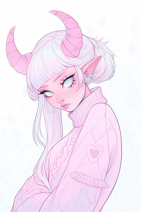 Demon Ych Base, Pink People Art, Adorable Art Styles, Pink Tiefling Female Dnd, Angel Demon Art, Pink Character Art, Succubus Character Design, Oc Girl Art, Cute Girl Character Design