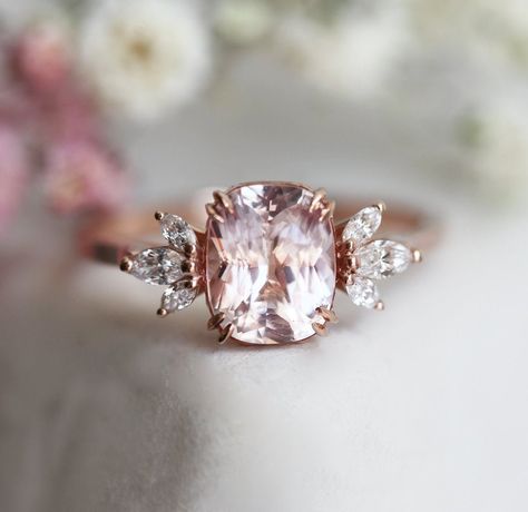 Peach Champagne Sapphire, Celebration Gifts, Peach Sapphire Engagement Ring, Cushion Diamond Ring, Simple Engagement, Ring Inspo, Peach Sapphire, Cushion Engagement Ring, Dream Engagement