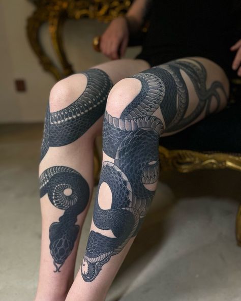 Instagram photo by Alexander Grim • May 29, 2024 at 5:15 AM Alexander Grim, Watercolor Tattoo Ideas, Blackout Tattoo, Reference Photos For Artists, Snake Art, Leg Sleeve Tattoo, Dark Art Tattoo, Knee Tattoo, Leg Sleeves