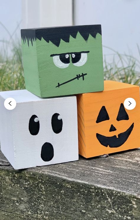 Boo Blocks Halloween Crafts, 4x4 Halloween Wood Crafts, Fall Wood Blocks Diy, Painting On Blocks Of Wood, 6x6 Wood Projects Ideas, Halloween Blocks Wooden, Jenga Block Halloween Crafts, Halloween Wood Blocks, Halloween Wood Crafts Diy