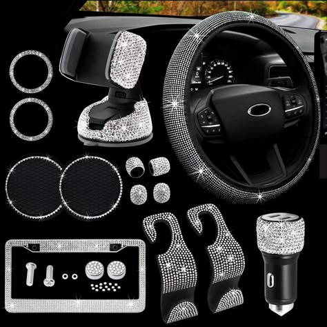 Bling Car Accessories for Women, MAIMEIMI Bling Car Accessories Set,Bling Steering Wheel Covers ,Bling License Plate Frame,Bling Crystal Car Holder,Bling Car Charger,14pcs Rhinestone Car Decor Set Girly Car Accessories Bling, Bling Car, Bling Car Accessories, New Car Accessories, Girly Car Accessories, Girly Car, Car Essentials, Car Accessories For Women, Cute Car Accessories