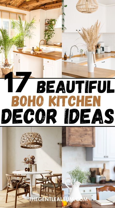 17 Boho Kitchen Ideas to Bring Laid-Back Charm to Your Space 1 Decorating Above Kitchen Cabinets Boho, Boho Chic Kitchen Ideas, Modern Boho Kitchen Island, Boho House Inspiration, Above Cupboard Decor Kitchen, Kitchen Cabinets Boho, Boho Kitchen Cabinets, Above Cupboard Decor, Kitchen Island Boho