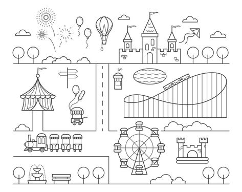 Amusement Park Map, Theme Park Map, Children Playground, Our Adventure Book, Map Projects, Arte 8 Bits, Outline Illustration, Family Theme, Theme Activity