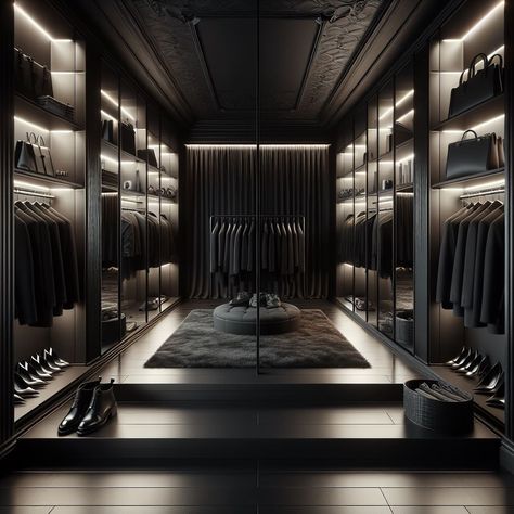 Dark Modern Walk In Closet, Closet Aesthetic Dark, Black Luxury House Interior Design, Black And White House Aesthetic, Black Walk In Closet, Dark Interior Design Luxury, Dark Dressing Room, House Interior Black, Black Home Aesthetic