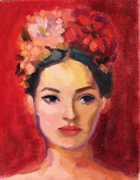 "Flower Crown 2 - Lady in Red" by Elizabeth Braun. Paintings for Sale. Bluethumb - Online Art Gallery Flower Crown Painting, Portrait Impressionism, Girl With Flower Crown, Crown Painting, People Portrait, Flower Girl Crown, Black Art Painting, Art Face, Z Arts