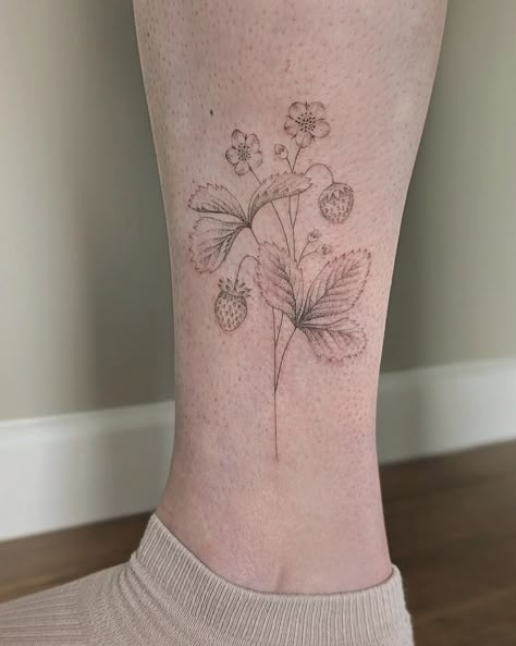 Fine Line Strawberry Tattoo, Wild Strawberry Tattoo, Strawberry Plant Tattoo, Strawberries Tattoo, Cottagecore Tattoos, Tattoo Number, Strawberry Tattoo, Strawberry Plant, Wild Strawberry