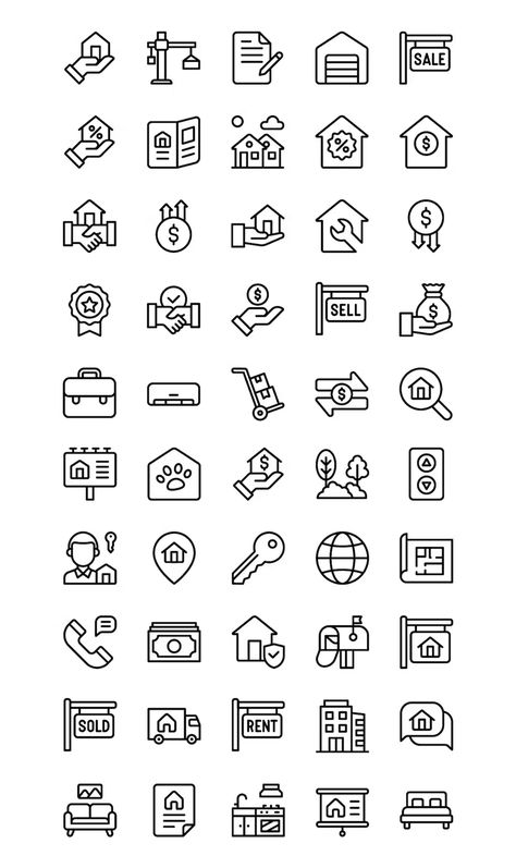 50 Real Estate Icons Modern Real Estate Branding, Vintage App Icons, Linkedin Content, Branding Identity Mockup, Real Estate Design, Vintage App, Real Estate Icons, Camping Vintage, Surf Vintage