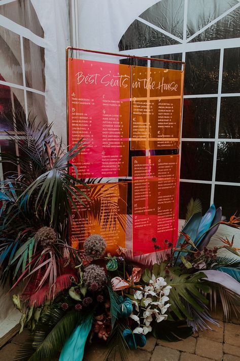 Seating Chart Inspo of our dreams: Flourescent neon pink and orange acrylic with hand lettered details hung from a copper arbor with vibrant tropical florals and painted leaves for this show stopper at Herrington on the Bay Copper Arbor, Tropical Seating Chart, Party Seating Chart, Acrylic Seating Chart, Tropical Neon, Party Seating, Tropical Florals, Neon Wedding, Orange Wedding