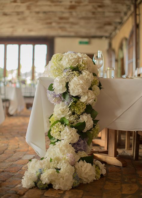 Wedding Flowers: Hydrangeas Hydrangea Peony Centerpiece, Hydrangea Garland Wedding, Hydrangea Table Arrangements, Hydrangea Garland, Hydrangea Arrangement, Navy Wedding Flowers, Wedding Flowers Hydrangea, Bright Wedding Flowers, Tropical Wedding Flowers