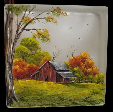 Fall Scene Acrylic Painting, Fall Barn Painting, Fall Scenes To Paint, Art Landscape Ideas, Painted Glass Blocks, Glass Block Crafts, Auto Paint, Barn Pictures, Painting On Glass