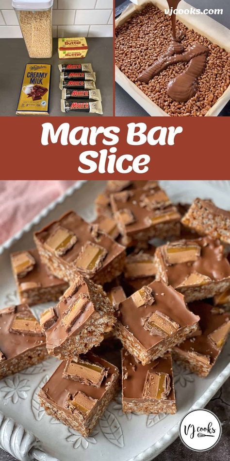 This super easy no-bake slice is perfect for a shared morning tea or to pop into lunchboxes. Made with Mars Bars, butter, rice bubbles and milk chocolate, it's a deliciously indulgent sweet treat. #vjcooks #nobake #chocolateslice #morningtea #lunchbox #sweettreat Mars Bar Slice Recipe, Rice Bubbles Recipes, Rice Bubble Recipes, Lunchbox Baking, Rice Bubble Slice, Marshmallow Slice, Chocolate Weetbix Slice, Christmas No Bake Treats, Mars Bar Slice