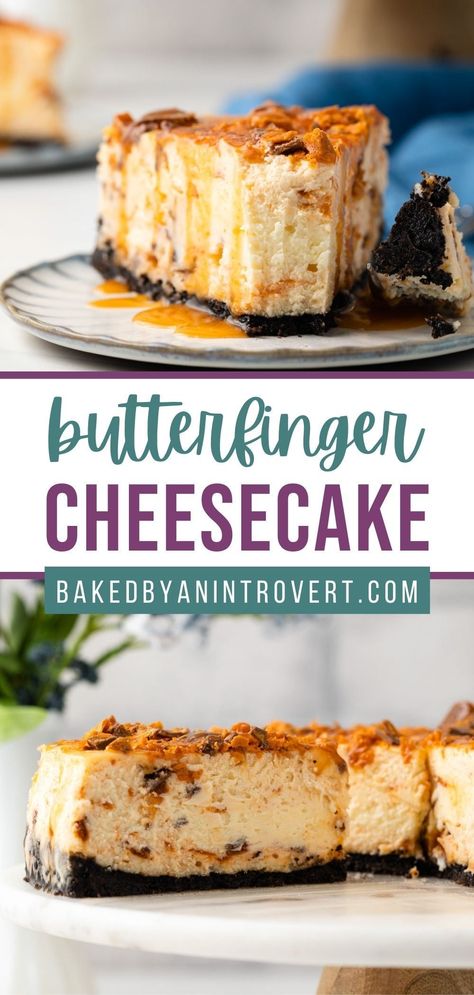 Butter Finger Cheesecake Recipes, Butterfinger No Bake Cheesecake, Candy Cheesecake Recipes, Candy Bar Cheesecake, Candy Cheesecake, No Bake Butterfinger Cheesecake, Butterfinger Cheesecake Recipes, Cheesecake Frosting Recipe, Gourmet Cheesecake