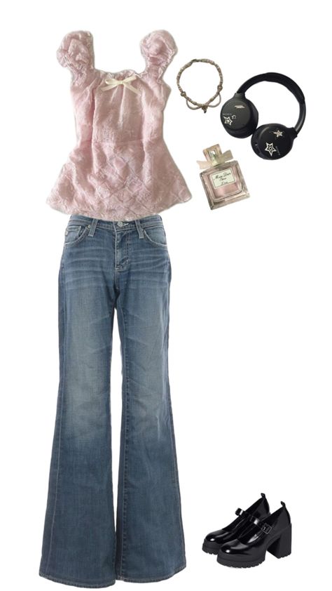 #coquette #outfit #outfitinspo #fit #pink Shoujo Girl Outfit Jeans, Conquete Outfit, Cute Pink Outfit Ideas, Coquette Pants Outfit, Babydoll Tank Top Outfit, Coquette Y2k Outfit, Coquette Jeans Outfit, Coquette Jeans, Coquette Aestethic Outfits