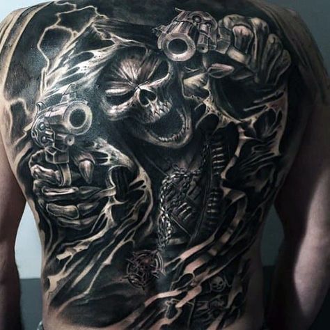 Full Back Skull Tattoo, Back Skull Tattoo, Great Tattoo Ideas, Black Sleeve Tattoo, Skull Sleeve Tattoos, Skull Sleeve, Back Piece Tattoo, Full Sleeve Tattoo Design, Hand Tats