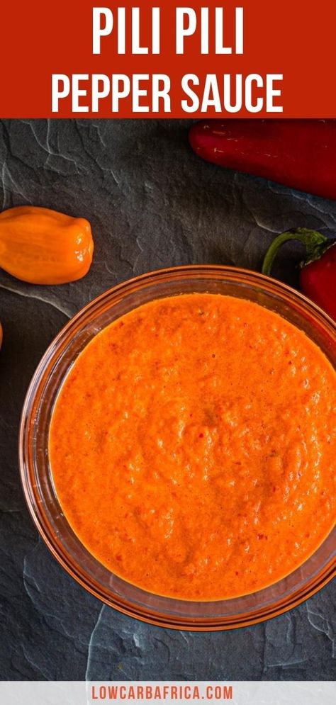 Pili pili, also known as piri piri or peri peri, is a super spicy African sauce made with chili peppers and habanero peppers, that has a robust and intense flavor. Add just a little to your dishes for a pleasant, spicy kick! #lowcarb #lowcarbrecipe #lowcarbdiet #keto #ketorecipe #ketodiet #lchf #paleo #glutenfree #sugarfree #nigerian #african | LowCarbAfrica.com African Pepper Sauce, Habanero Recipes, Piri Piri Sauce, Afghan Food, Pepper Sauce Recipe, Keto Sauces, Hot Sauce Recipes, Piri Piri, Peri Peri