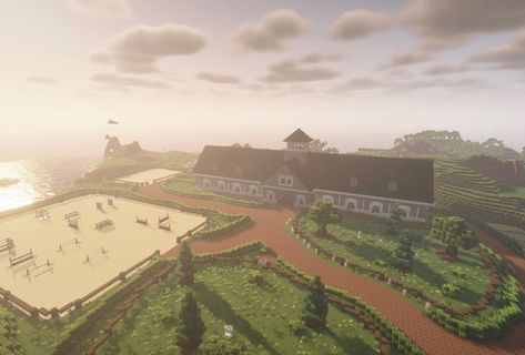 Horse Pasture Minecraft, Horse Arena Minecraft, Stables In Minecraft, Swem Barn Ideas Minecraft, Minecraft Horse Stables Big, Swem Stable Ideas Minecraft, Swem Minecraft Stable Ideas, Minecraft Horse Track, Equestrian Minecraft