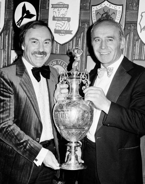 BIRMINGHAM, ENGLAND - MAY 3: Aston Villa manager Ron Saunders (right) and Jimmy Greaves holding the League Championship trophy during the annual Midland Soccer Writers' Awards dinner on May 3, 1981 in Birmingham Aston Birmingham, 80s Football, Jimmy Greaves, Football Legends, Birmingham England, The League, Aston Villa, Birmingham, Writers