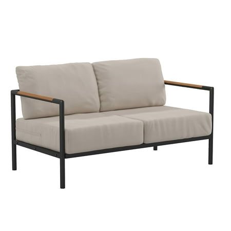 Enjoy your morning matcha tea or favorite coffee while you watch the sun come up when you purchase this modern indoor/outdoor loveseat. Boasting a black metal frame with teak accented arms as well as included back and seat cushions, everything you need to create a gorgeous seating area is included in the box. The straight frame arms give you a platform to rest your hands while you apply that great new shade of nail upgrade. Bring along their pet bed and let your four-legged friend relax alongsid Indoor Outdoor Patio, Patio Loveseat, Outdoor Loveseat, Deep Seat Cushions, Patio Lounge, Beige Cushions, Matching Chairs, Cushion Fabric, Aluminum Frame