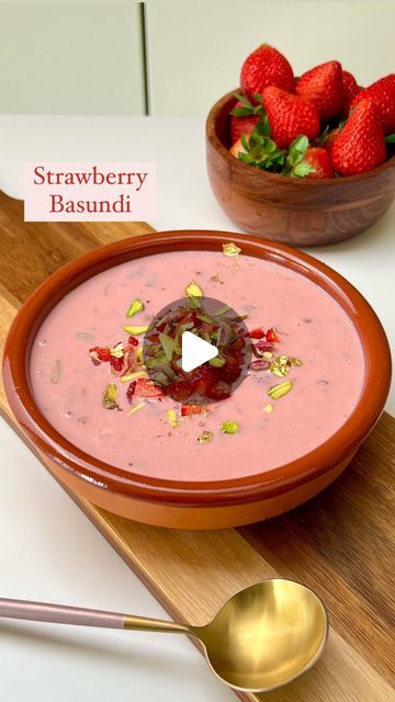 Guntas Sethi on Instagram: "✨Strawberry Basundi✨

Ep 12 of #veryberrystrawberry

I love making our traditional desserts & this Strawberry Basundi is going to be your new family favourite! 😍

It’s a delightful fusion of flavours, made with fresh strawberries. If you like me have a sweet tooth you are going to love this sweet & creamy dessert! 🍓🫠

Recipe:

- 20 strawberries chopped 
- 3 tbsp sugar 
- 750 ml full fat milk 
- 1 tsp elaichi powder 
- 2 tbsp condensed milk 
- Nuts as desired 

#seasonaldessert #strawberrybasundi #basundi #fusion #strawberry #winterrecipes #indiandesserts 

[Strawberry Basundi, Basundi, fusion desserts, Indian cuisine, easy dessert, recipe reels, home made desserts, Chef Guntas]" Home Made Desserts, Basundi Recipe, Desserts Indian, Fusion Desserts, Traditional Desserts, Recipe Folder, Seasonal Desserts, Easy Dessert Recipe, Sweet Dishes Recipes