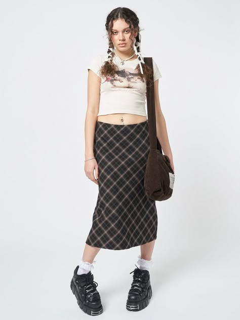 Check Midi Skirt, Black And White Plaid Midi Skirt, Midi Checked Skirt Outfit, Green Check Skirt Outfit, Checked Midi Skirt Outfit, Long Brown Plaid Skirt Outfit, Brown Check Skirt Outfit, Checkered Midi Skirt Outfit, Check Midi Skirt Outfit