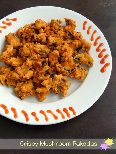 Priya's Versatile Recipes: Crispy Mushroom Pakoda Mushroom Fritters, Vegan Fritters, Jamur Kancing, Button Mushrooms, Yummy Healthy Snacks, Fritter Recipes, Side Recipes, Veggie Sides, Veggie Dishes