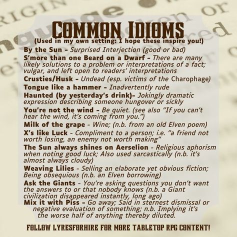 Dictionary-style text post containing Common idioms for Dungeons & Dragons Dnd Languages, Dm Tools, Common Idioms, Dungeons And Dragons Memes, Dungeon Master's Guide, Dnd 5e Homebrew, Dnd Dragons, Story Prompts, D&d Dungeons And Dragons