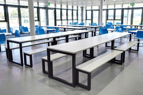 Weston College Case Study: Café Parq table with bench seating #cafe #tables #workspacegoals #workspace #officeinteriordesign #officefurniture #officedecor #officedesign #office #workplacedesign #workplace #flexibleworking #agileworking #collaborativeworking #officefitout #officeinstallation #collaboration #design #interiors #interiordesign #spaceplanning #businessfurniture #education #college Cafeteria Furniture, Staff Canteen, Canteen Design, College Furniture, Outdoor Restaurant Patio, Cafeteria Design, Cafeteria Table, School Canteen, School Tables