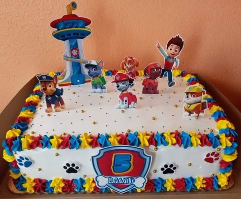 Paw Patrol Cake No Fondant, Paw Patrol Square Cake, Paw Patrol Sheet Cake Ideas, Paw Patrol Cake Simple, Pow Patrol Cakes, Easy Paw Patrol Birthday Cake, Paw Patrol Birthday Cake Diy, Easy Paw Patrol Cake, Diy Paw Patrol Cake