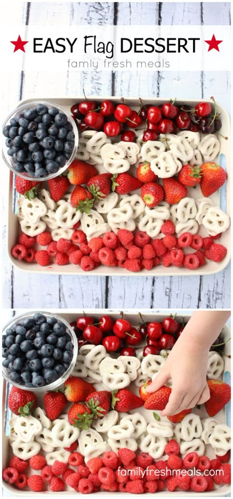 Easy Flag Fruit Dessert. Perfect patriotic dish for Memorial Day or Fourth of July! Flag Desserts, Memorial Day Foods, Dessert Halloween, Patriotic Food, Family Fresh Meals, 4th Of July Desserts, Fourth Of July Food, Fruit Dessert, 4th Of July Party