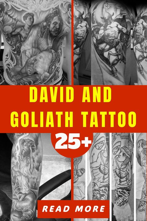 David And Goliath Tattoo Biblical Story Tattoos, King David Tattoo, David And Goliath Tattoo, Biblical Tattoos For Men, Goliath Tattoo, Tattoo Ideas Stencil, David Bible, David Tattoo, Story Tattoo